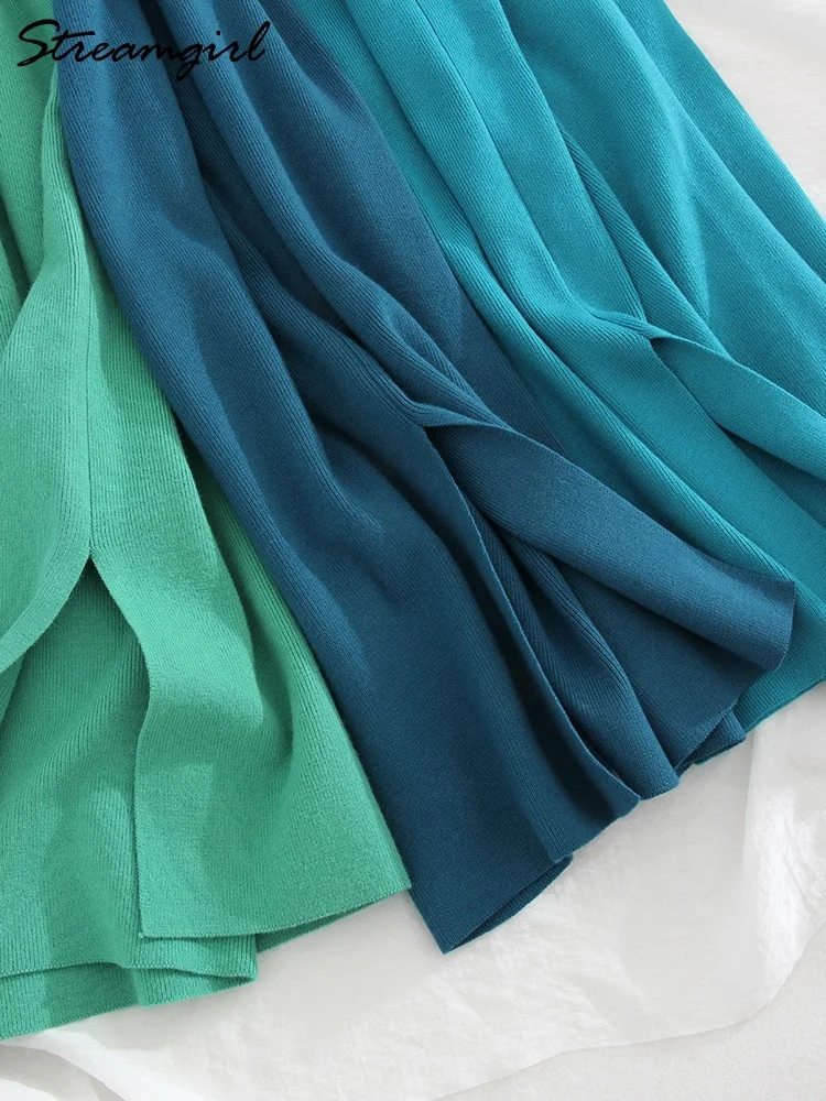 Gonne lunghe lavorate a maglia blu donna 2023 fasciatura primaverile gonna a trapezio divisa a vita alta matita aderente donna gonne Midi lavorate a maglia Maxi 1