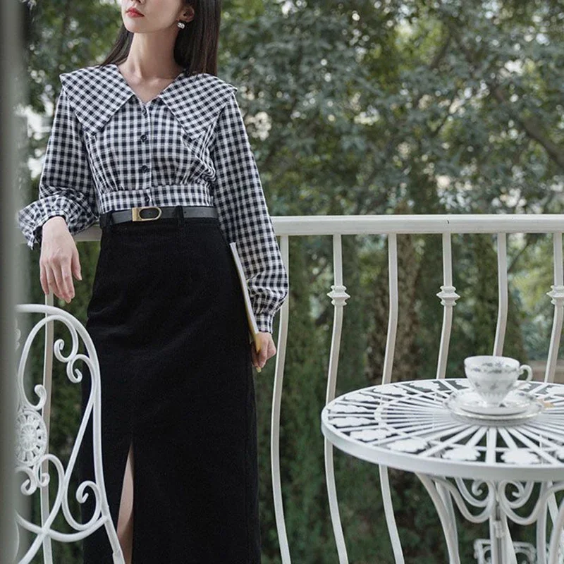 Gonne vintage in velluto a coste marrone Donna Autunno Inverno Elegante con cintura Gonna a tubino divisa Gonna longuette sottile a vita alta moda femminile 5