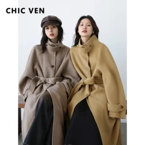 CHIC VEN Cappotto di lana da donna coreano monopetto allentato colletto alla coreana cintura lungo soprabito da donna double face autunno inverno 2024 1
