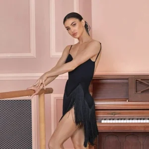 UK Abito da ballo latino da donna, allenamento con spalline, gonna con frange, vita sagomata, stampa leopardata, schiena aperta, spettacolo da sala 1