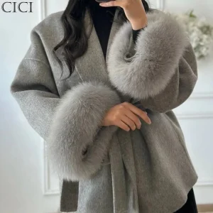 CICI Cappotto di lana di pelliccia di volpe Cappotto corto da donna Office Lady Elegante cappotto di lana double face 2025 Nuove giacche cardigan di lana allentata 1