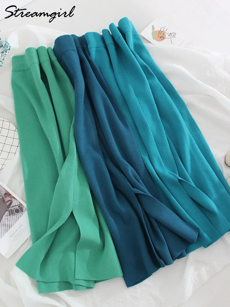 Gonne lunghe lavorate a maglia blu donna 2023 fasciatura primaverile gonna a trapezio divisa a vita alta matita aderente donna gonne Midi lavorate a maglia Maxi 3