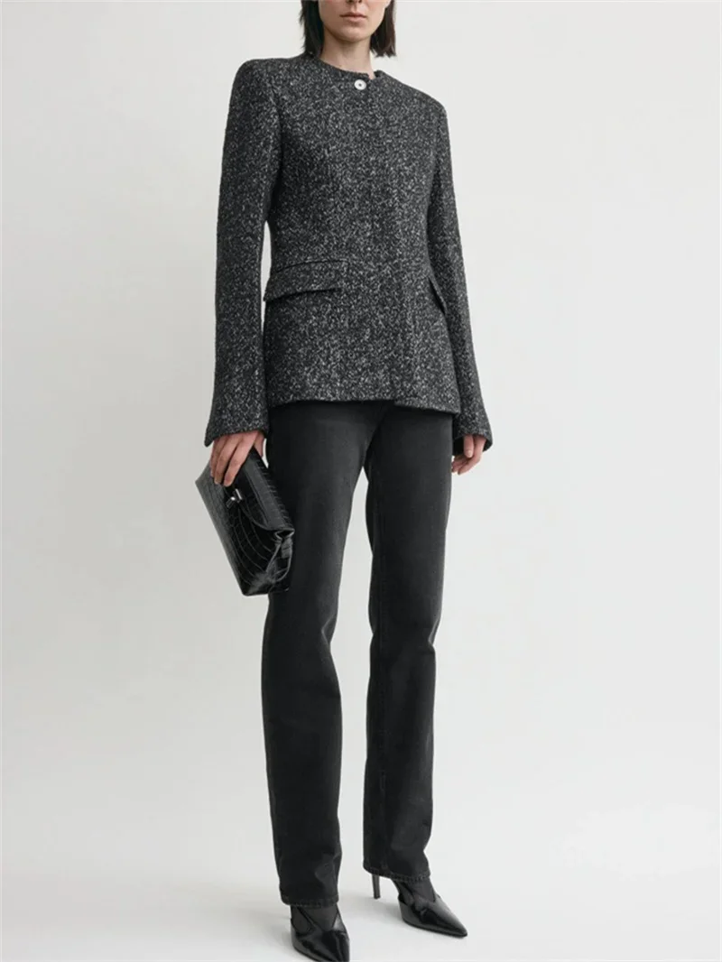 Cappotto da abito da pendolarismo da donna elegante con scollo a O, giacca monopetto con vita femminile 2