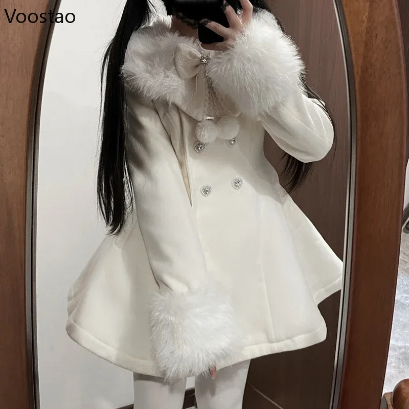 Cappotto di lana Lolita giapponese Kawaii autunno inverno donna dolce fiocco giacca sottile in peluche abito caldo stile coreano femminile soprabito carino 4