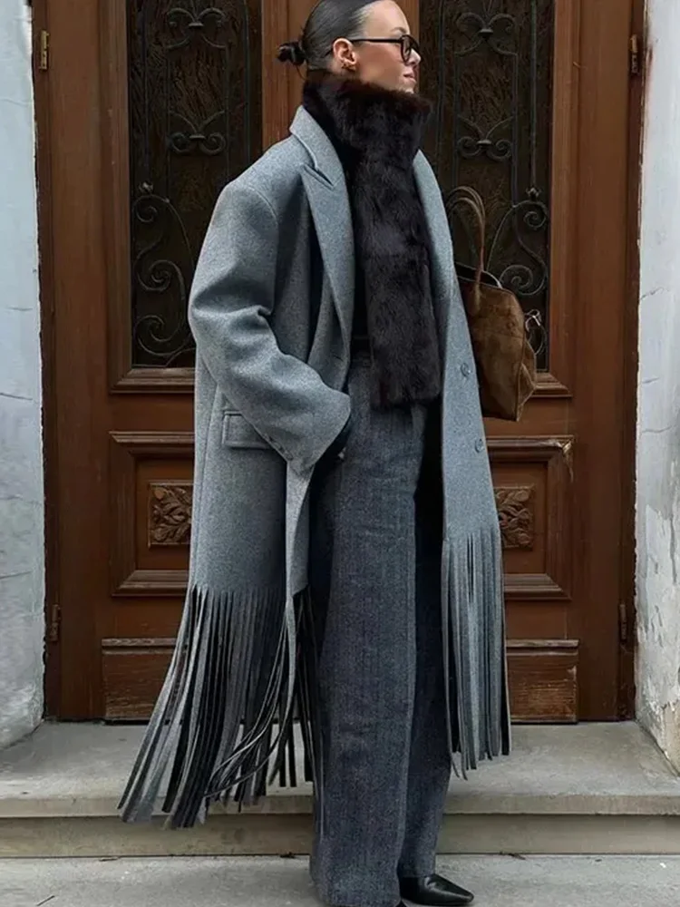 HH Giacca da donna in lana con risvolto doppio petto alla moda High Street Cappotto da tasca con decorazione sull'orlo con frange a maniche lunghe da donna invernale 2