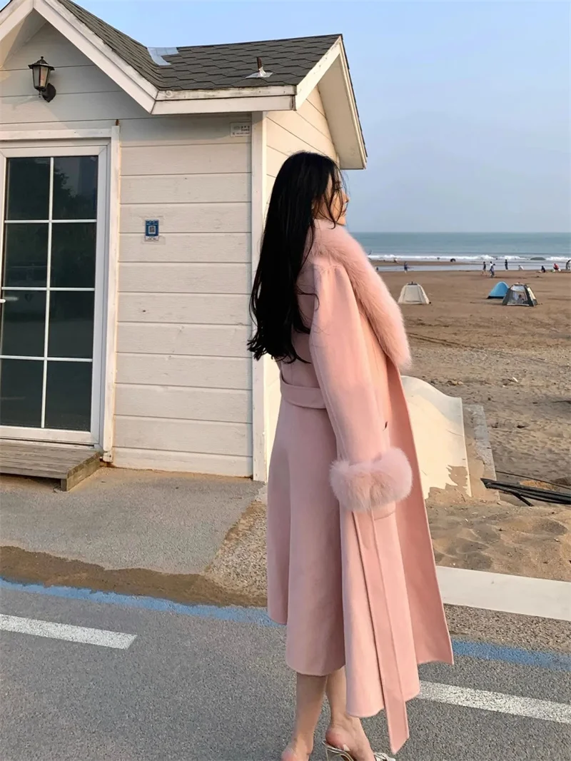 2025 Cappotto di lana di pelliccia di volpe Cappotto lungo da donna Office Lady Elegante cappotto di lana double face 2025 Nuove giacche cardigan allentate 5