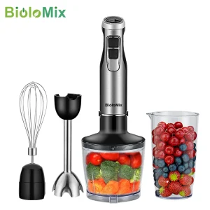 Il frullatore a immersione BioloMix 4 in 1 ad alta potenza da 1200 W include lame per ghiaccio in acciaio inossidabile con tazza per tritatutto e frullato 1