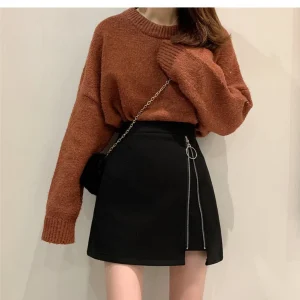 Minigonna a vita alta a linea A per donna Gonna corta nera di lana Autunno Inverno Gonna snellente con sensazione di design nuovo stile 1