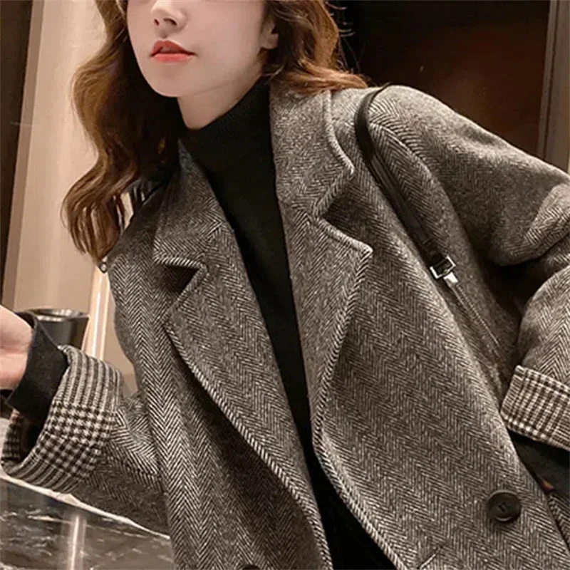 Nuova giacca monopezzo da donna autunno/inverno edizione coreana lana britannica sciolto rilassato tinta unita top cappotto da donna giacche casual 2