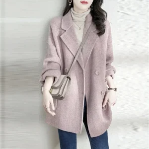 Cappotto di lana autunno e inverno Cardigan a maniche lunghe con bottoni in tinta unita di media lunghezza Top elegante casual alla moda 1