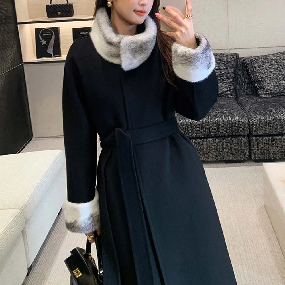 2025 Cappotto invernale da donna in cashmere caldo spesso Cappotto nero elegante Cappotti di lana in pelliccia di visone patchwork con lacci 3