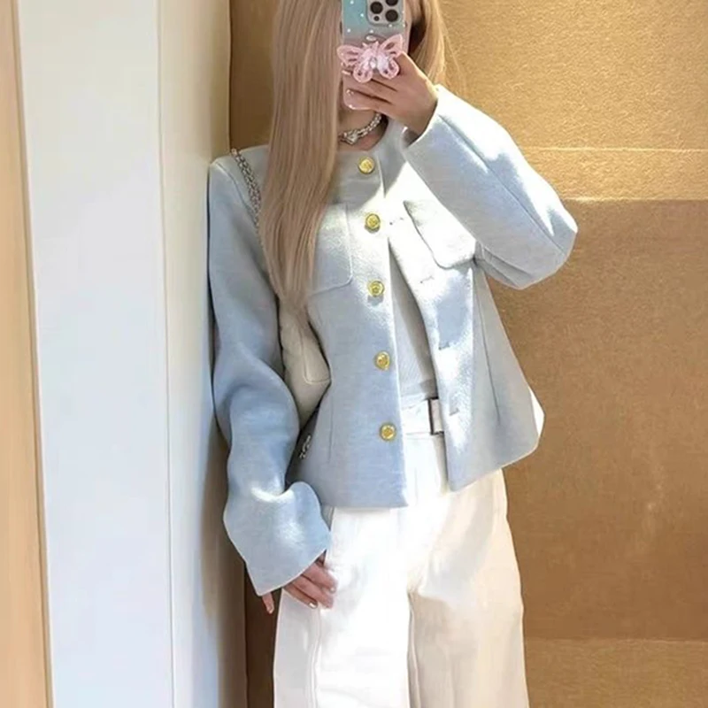 Cappotti corti chic blu francesi da donna elegante giacca da ufficio con piccola fragranza manica lunga o collo bottoni casual top slim delicati 6