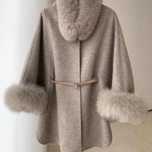 Manica in pelliccia staccabile collo in vera pelliccia di volpe 2024 nuovo cappotto autunno inverno giacca calda a trapezio da donna in lana cappotto femminile spesso di lusso 1