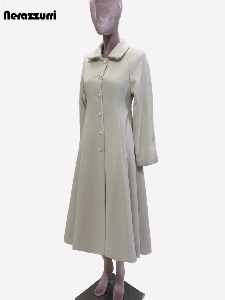 Nerazzurri Autunno Inverno Cappotto di lana lungo spesso caldo con gonna morbida da donna Cappotto monopetto elegante e svasato di lusso 4