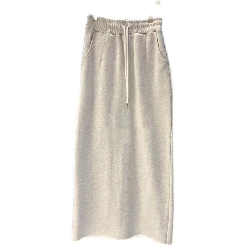 Gonna a trapezio di media lunghezza da donna con coulisse in vita elastica modello a squame di pesce grigio chiaro primavera autunno cotone lavorato a maglia 5