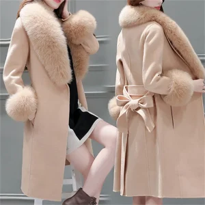 Cappotto di lana temperamento da donna di media lunghezza coreano nuovo inverno slim fit con lacci cappotto con colletto di lana grande colletto di lana staccabile 1