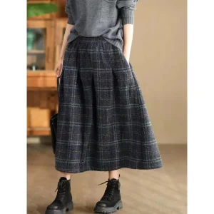 Gonna longuette scozzese di lana moda autunno inverno Gonna a trapezio da donna Gonna snellente a vita alta in misto poliestere Gonna stile pendolare 1