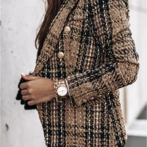 Donna New Vintage manica lunga doppio petto giacca scozzese cappotto tasche con patta bottoni casual giacca autunnale capispalla femminile 1