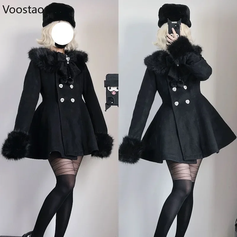 Cappotto di lana Lolita giapponese Kawaii autunno inverno donna dolce fiocco giacca sottile in peluche abito caldo stile coreano femminile soprabito carino 3