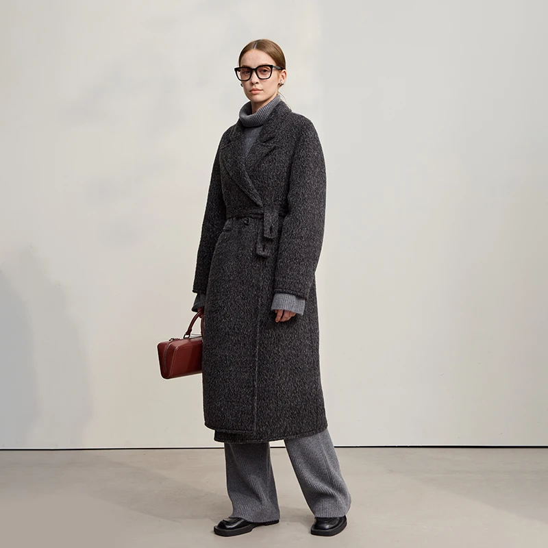 AMII Cappotto di lana da donna 2025 Inverno Nuovo colletto lungo allentato con risvolto con cintura Elegante cappotti di lana double face per donna 12554070 4