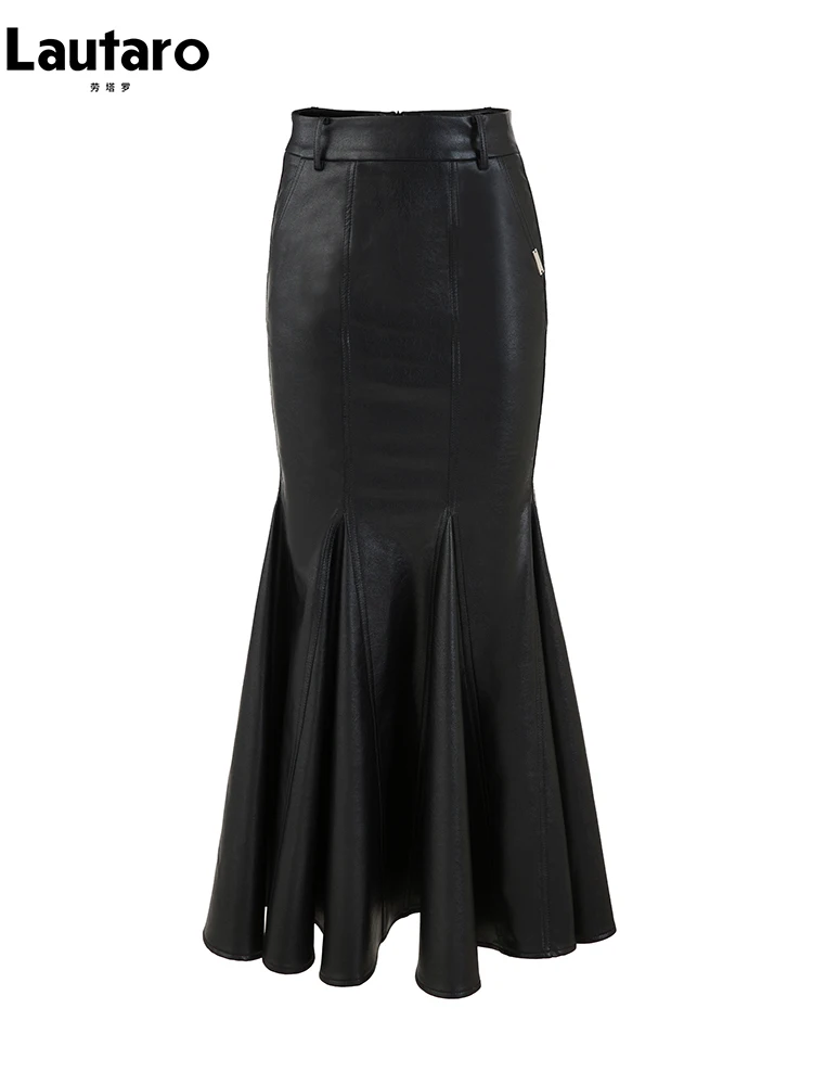 Lautaro primavera autunno Chic elegante nero morbido in pelle Pu Midi gonna a sirena donna vita alta lunghi vestiti firmati di lusso 2023 5