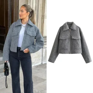 MUJER Tweed Giacche corte da donna Autunno Inverno Cappotto corto Giacca da donna Zip Crop Giacca da mezza stagione Donna Novità in capispalla 1