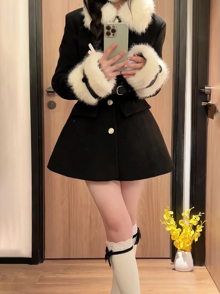 Office Lady Slim cappotti invernali donna Casual manica lunga elegante cappotto corto Vintage Outwear giacca di lana nera moda coreana 2