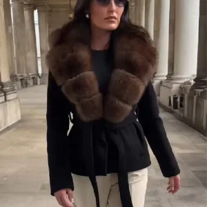 HH Cappotti moda invernale da donna Colletto rovesciato nero Maniche lunghe Tasche Decorazione cintura Cappotto elegante sottile elegante femminile 1