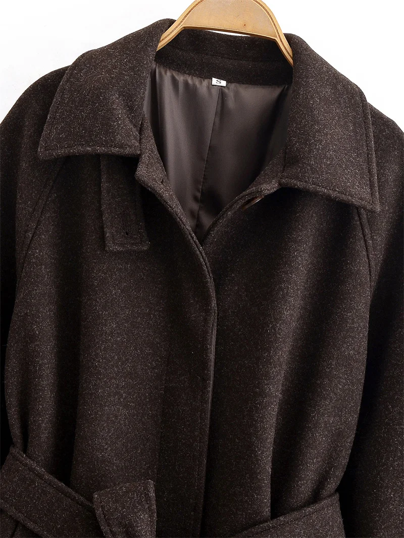 Cappotto da donna 2025 Inverno Nuovo stile Cappotto lungo di lana lungo con cintura a maniche lunghe marrone scuro Alla moda ed elegante 3