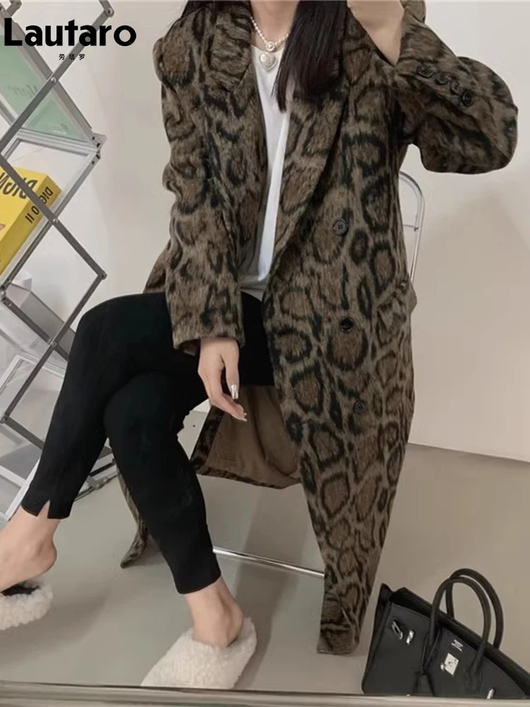 Lautaro inverno lungo caldo soffice colorato stampa leopardo lana e miscele cappotto per le donne fessura posteriore vestiti di lusso soprabito di lana 4