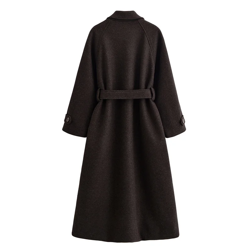 Cappotto da donna 2025 Inverno Nuovo stile Cappotto lungo di lana lungo con cintura a maniche lunghe marrone scuro Alla moda ed elegante 2