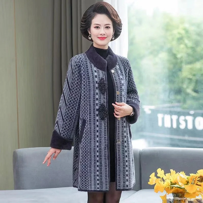 Cappotto da donna di mezza età e anziano Cappotto lungo e casual da madre nobile Autunno e inverno Elegante cappotto di lana Imitazione pelliccia di visone WLF 3