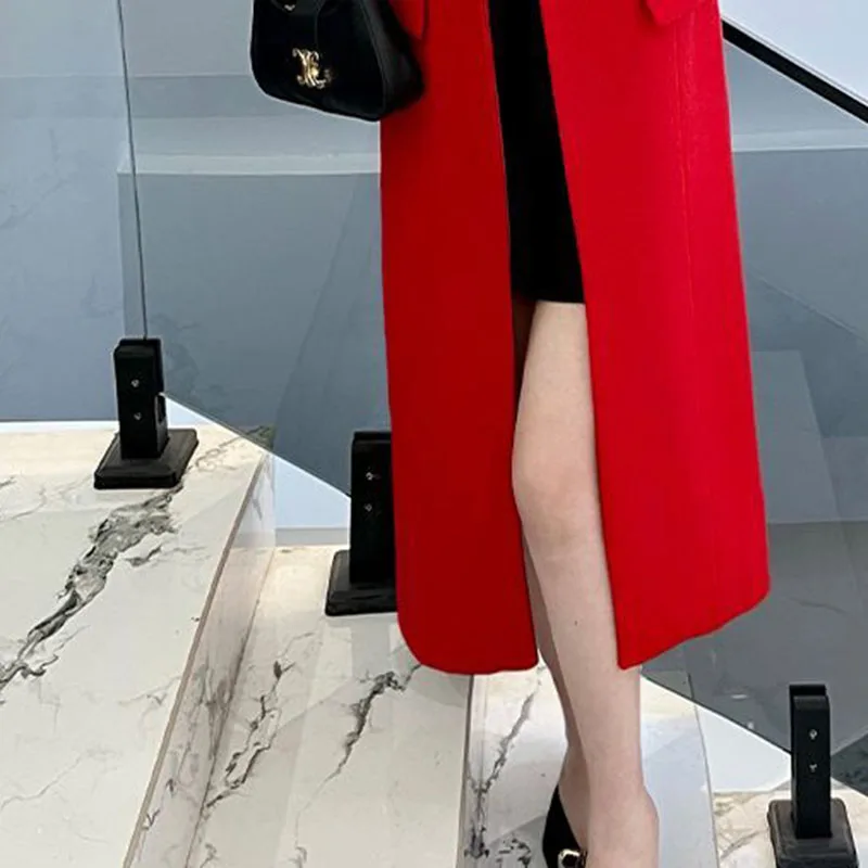 Cappotto di lana da donna con risvolto elegante alla moda autunno inverno 2025 Cappotto di lana da donna doppiopetto spesso rosso di alta qualità H468 5