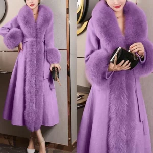 Vendite calde Cappotto in cashmere double face Donna Elegante collo in pelliccia di volpe di lusso X-lungo sopra il ginocchio Vita sottile Cappotti di lana di grandi dimensioni 6XL 1
