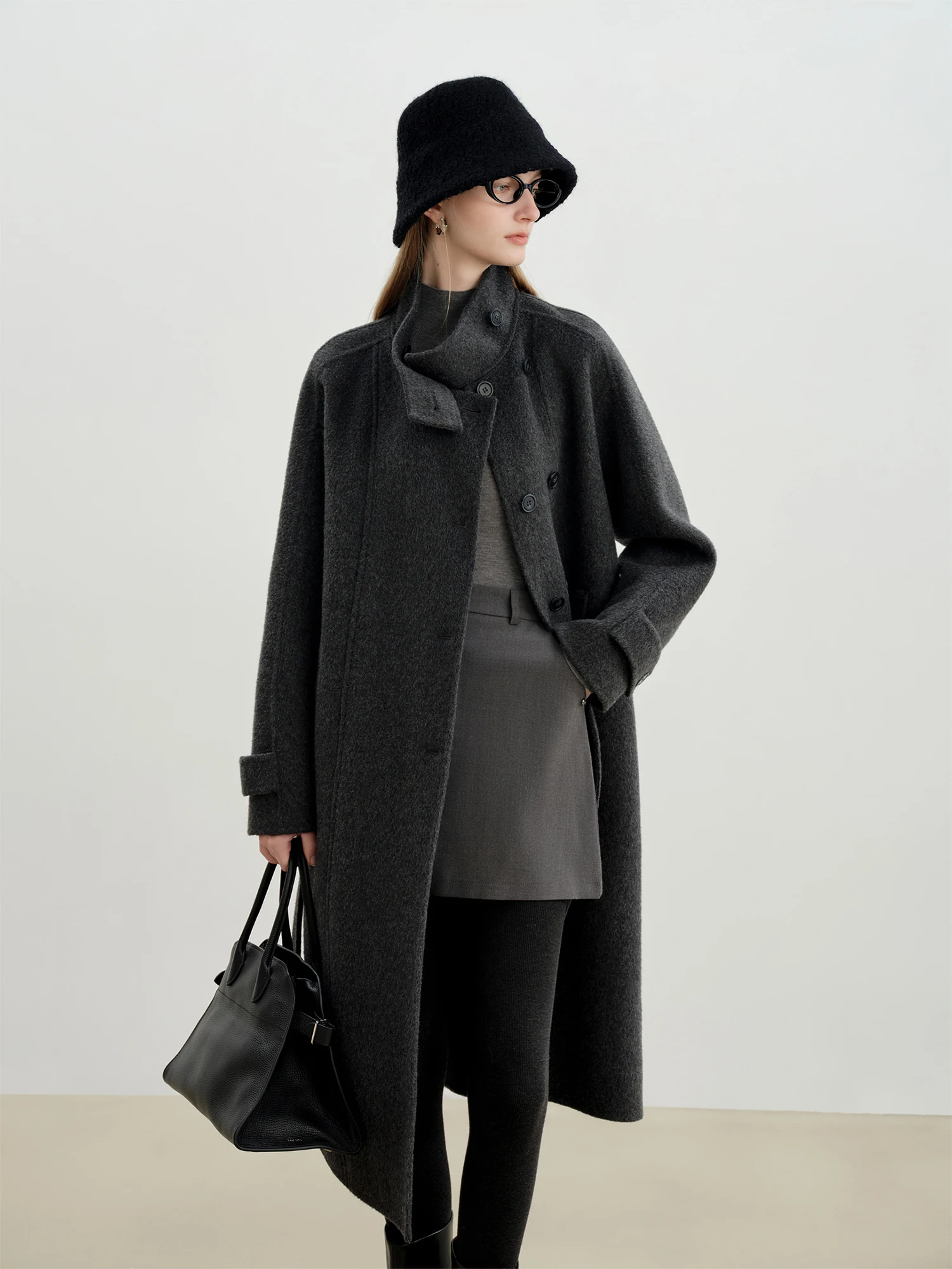 ZIQIAO Cappotto di lana con colletto alla coreana a doppia parte anteriore per donna 2025 Inverno Nuovo cappotto di media lunghezza Temperamento Elegante Vinatge Stile francese 4