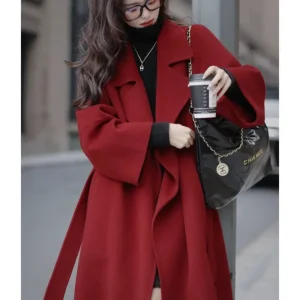 Cappotto da donna in lana rossa sicile Abito da sposa Vestibilità ampia Manica lunga Stile da pendolare con sette bottoni Autunno Inverno Nuovo arrivo 1