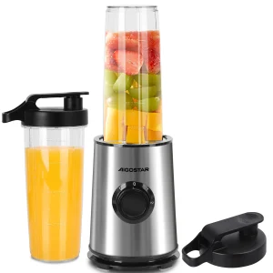 Aigostar Frullatore Portatile, Frullatore Elettrico con borraccia da 2 * 800ml BPA FREE, 2 Velocità e Pulse, 4 Lame Inox, 600W, per Frullati, Trita Ghiaccio e Frutta Congelata. Nero, Baron. 1