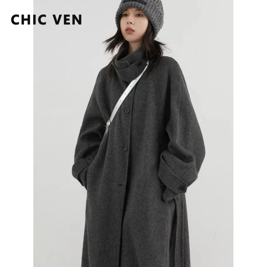 CHIC VEN Cappotto di lana da donna coreano monopetto allentato colletto alla coreana cintura lungo soprabito da donna double face autunno inverno 2024 2