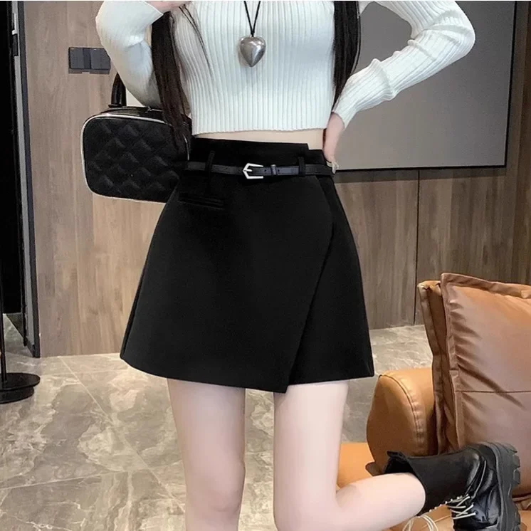 Minigonna a vita alta nera A-Line Pantaloni Abito corto da donna Primavera Autunno Nuovo stile Gonna a mezza lunghezza irregolare 2