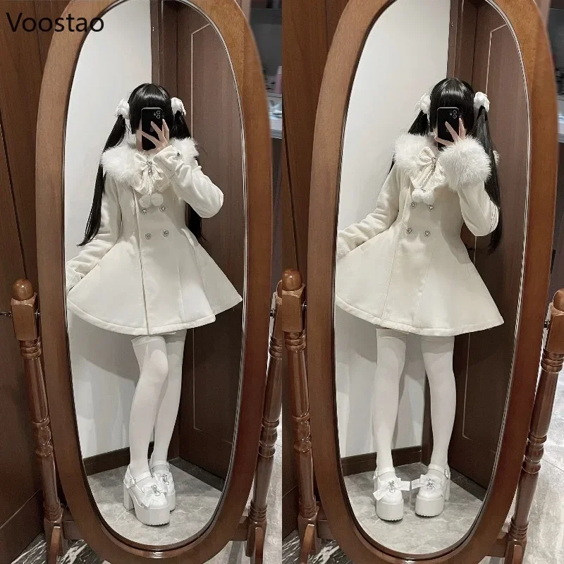 Cappotto di lana Lolita giapponese Kawaii autunno inverno donna dolce fiocco giacca sottile in peluche abito caldo stile coreano femminile soprabito carino 5
