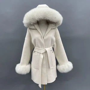 MISSJANEFUR Cappotto di lana con polsino del collo di vera pelliccia di volpe Moda donna Cappotti di cashmere con cintura Caldo inverno Trench con cappuccio Peacoat 1