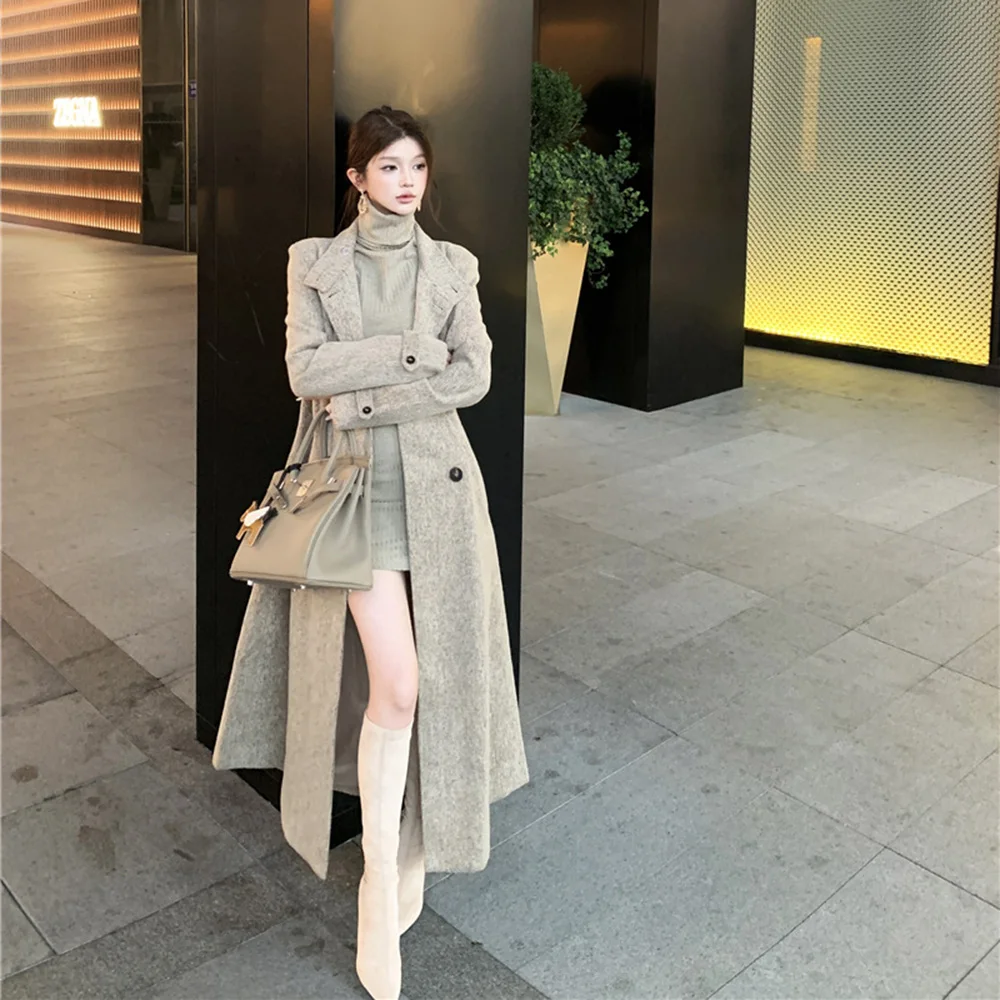 FZCSPEED Trench lungo da donna Colletto rialzato Cappotto in lana Cappotto doppiopetto alla moda per pendolari in vita Cachi 5