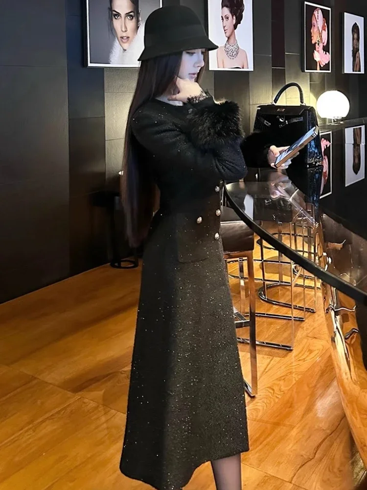 Elegante cappotto con collo in pelliccia ecologica inverno nuova moda Y2k nero addensato slim-fit ombrello in vita giacca lunga ispessita da donna 6