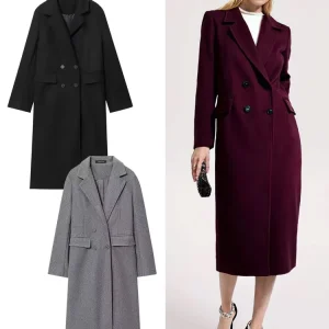 HH 2025 Giacca a vento moda autunnale per donna maniche lunghe retrò solido con tasche risvolto doppio petto eleganti cappotti lunghi 1