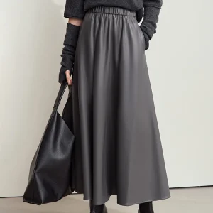 AMII minimalista pendolare Chic gonna per le donne 2024 inverno PU elastico in vita in pelle Multi-pezzo Patchwork gonna ombrello 12444168 1