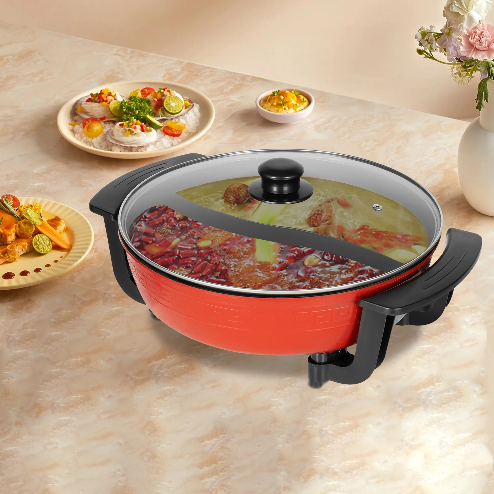 6L Grande Spezzatino Elettrico Pentola Antiaderente Fornello Elettrico Shabu Shabu con Divisore Coperchio In Vetro 1360W 5 Livello di Temperatura Regolabile 4