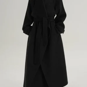 Cappotto lungo in lana 100% naturale elegante da donna invernale 2025 Giacca in cashmere a maniche lunghe nera Cappotto di lana con colletto couverture casual da donna 1