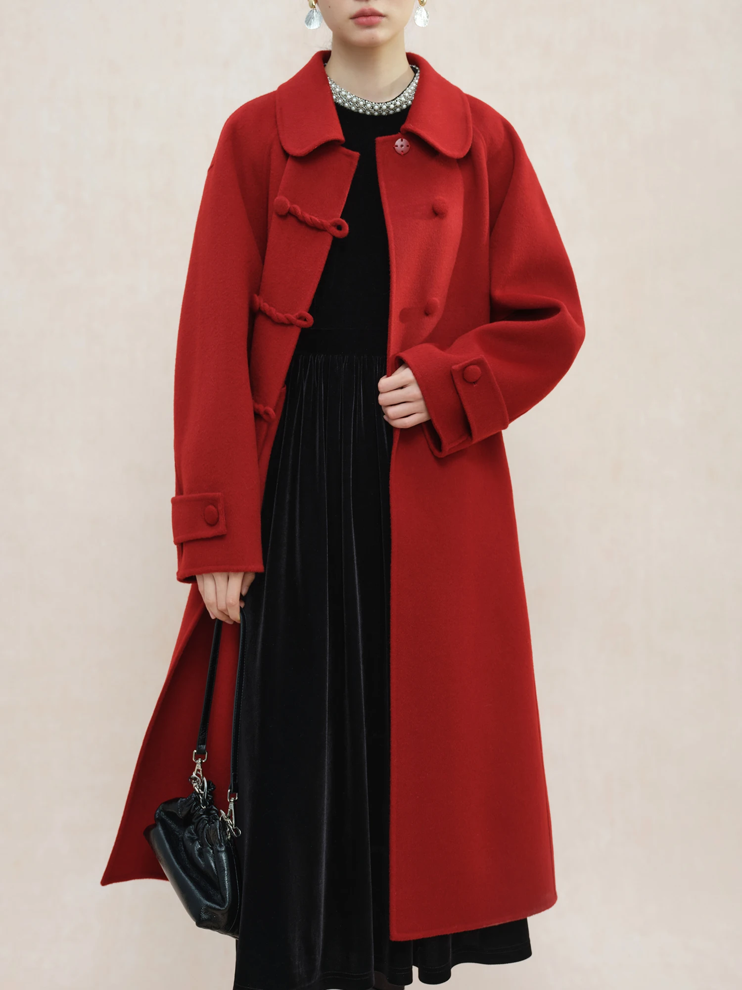 ZIQIAO 100% Lana Nuovo Stile Cinese Lana Rosso Cappotto Elegante Per Le Donne 2024 Inverno Nuovo Design di Lana Lungo Caldo Petite Cappotto 24ZQ94115 1