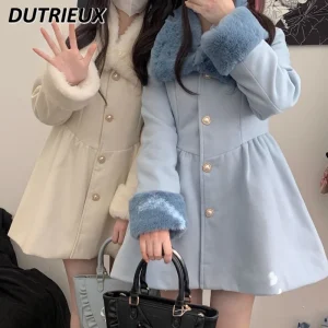 Autunno Inverno Nuovo dolce ed elegante collo di pelliccia rimovibile cappotto di lana monopetto Abito soprabito di media lunghezza per ragazze dolci 1