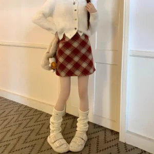 Minigonna retrò scozzese rossa da donna a vita alta avvolgente corpo sottile casual in lana gonna corta a trapezio primavera autunno inverno 1